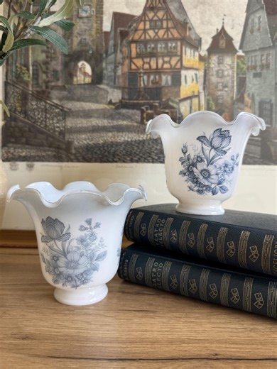 Vintage Milk Glass Lamp Shades | Blue Floral Glass Shade Pair | Ruffled Edge Light Covers | Cottagecore Lighting | Replacement Shades - Etsy