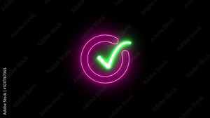 Tick mark animated on the rectangle box. successful symbol, check mark, tick mark. Neon tick mark icon