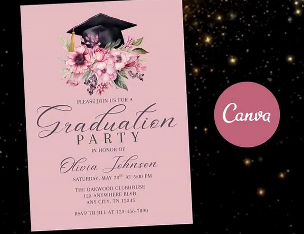 Pink Floral Graduation Invitation Template | Girl Graduation Party Invite (canva) - Etsy