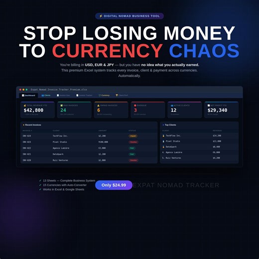 Expat Invoice Tracker Excel | Freelance Client & Payment Tracker | Digital Nomad Business Spreadsheet | Multi Currency Invoice System - Etsy