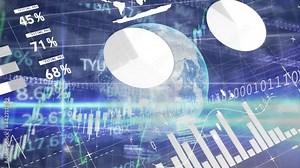 Animation of globe, statistics and binary coding, financial data processing