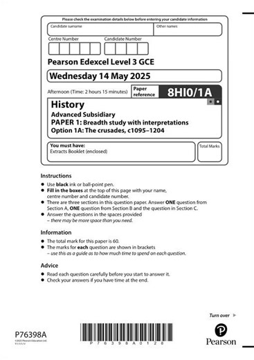 Edexcel As History Paper 1 2025 Question Paper Pdf