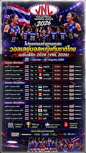 โปรแกรมถ่ายทอดสด วอลเลย์บอลหญิงทีมชาติไทย ในศึกเนชันส์ลีก 2026 VNL 2026