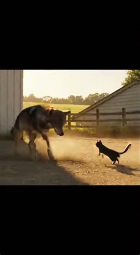 Tiny Cat Attacks Wolf to Save Calf – Unbelievable Farmyard Rescue!