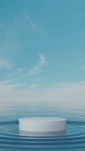 Water wave, cloud sky, beautiful sunset. 3d empty pedestal. Presentation commercial product display stand, showcase. Looping animation vertical video background, blank mockup scene
