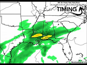 A soggy end to the week is lining up for the Southeast as a broad, slow-moving system pushes across the region. By Friday, steady rain spreads across the upper Gulf Coast, with heavier bands setting up from southeast Louisiana into southern Mississippi and Alabama. These areas could see prolonged periods of moderate to heavy rain. By Friday night into Saturday, the main rain axis shifts east, stretching from Alabama into Georgia and the Carolinas. This keeps a wide area wet heading into the week