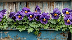 Purple pansies blossoming in a rustic wooden planter on a weathered blue surface during spring