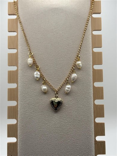 Gold Heart Locket Pearl Charm Necklace - Etsy