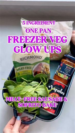 Katie Leonard on Instagram: "🌱FREEZER VEG GLOW-UPS: Soffritto & Meat-Free Sausage Tomato Bake This is such a scrumptious one pan 5 ingredient recipe and the star of todays ✨glow-up✨ is the fabulous bag of frozen sofrito which is SUCH a win. All the chopping is already done, saving time and effort on busy nights. It gives you a deep, savoury base straight from the freezer with zero waste and no prep. Easy to store, easy to use, and instantly makes simple meals taste like you’ve tried harder than