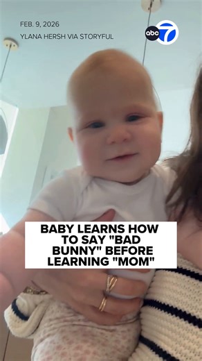 BAD BUNNY, BABY! 🐰👶 The Bad Bunny fever sparked by the Super Bowl halftime show appears to have reached even the youngest fans! A seven‑month‑old infant learned to say the artist’s name before she could say "mom." 😆 | ABC7