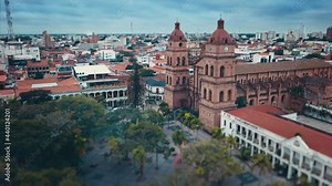 Santa Cruz de la Sierra. Aerial view of the city of Santa Cruz. The Cathedral Basilica of St. Lawrence on the central square of Santa Cruz in Bolivia