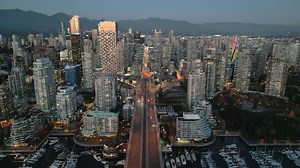 Aerial view on downtown of Vancouver at dusk, Canada