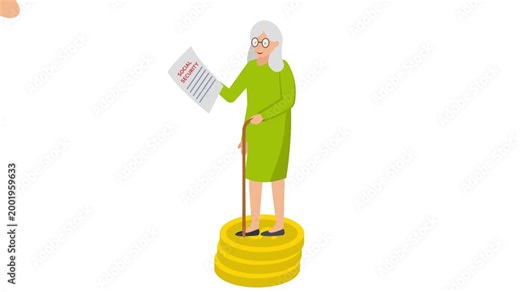 Old Age Pension animation, senior citizen holding stick and standing on coin stack animated video, Economic Assistance clip, Unemployment Benefits footage, Unconditional Income motion graphics