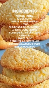 Biscuits à l’Orange et à la Noix de Coco : une alliance douce et ensoleillée Des biscuits tendres au cœur et légèrement croustillants sur les bords, parfaits pour accompagner un café, un thé ou un goûter d’hiver. Ingrédients (pour environ 20 biscuits) 150 g de farine 80 g de sucre 80 g de beurre ramolli 1 œuf 50 g de noix de coco râpée Le zeste d’une orange 1 cuillère à café de levure chimique 1 pincée de sel 1 cuillère à soupe de jus d’orange (facultatif pour plus de moelleux) Préparation 1️⃣ P