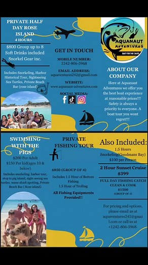 🌊 Experience the Bahamas Like Never Before with Aquanaut Adventures! ☀️Set sail on an unforgettable sea adventure in Nassau, Bahamas this summer with Aquanaut Adventures — your go-to for fun, relaxation, and island vibes at affordable prices! 🏝️🐢💥 SUMMER PROMO: PRIVATE HALF-DAY ROSE ISLAND TOUR 💥🛥️ 4-Hour Adventure Includes:✅ Snorkeling✅ Harbor Historical Tour✅ Sea Turtle Spotting✅ Private Beach Bar (Rose Island)✅ Sightseeing💲 Just $800 for a private group (up to 8 guests)🥤 Soft drinks &