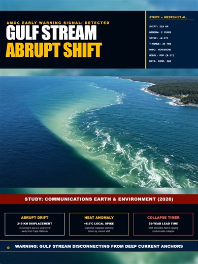 🚨 Gulf Stream Hits Collapse Signal Zone 🚨 The Gulf Stream has entered the same latitude band that triggered a 219 km jump and a full Atlantic circulation collapse in the most detailed ocean simulation. That shift happened about 25 years before the system failed. The real ocean is now showing the same setup. The slope is heating. The Labrador Current is fading. Warm water is pushing into regions that stayed cold for generations. Watch seventy one point five west. That is the signal. #AtlanticCi