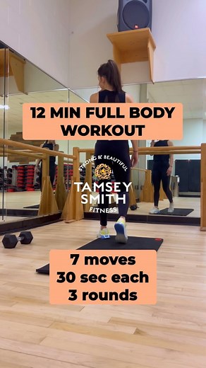 12 MIN FULL BODY WORKOUT // HIIT style 🔥 7 moves. 30 sec each. 3x: 👉🏼 Moves 1 & 2: Single arm clean & press, right & left 👉🏼 Moves 3 & 4: Crossbody split deadlift snatch, right & left 👉🏼 Moves 5 & 6: Split squat front raise, right & left 👉🏼 Move 7: Drop squat snatch Choose 1 weight that challenges you but you can still control. Take a min to catch your breath after you finish each round. Believe it or not, 12 min is quite long enough to produce results when you use multiple muscle group