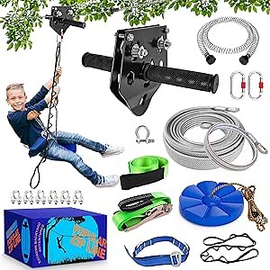 X XBEN Zip line Kit for Kids and Adults Outdoor: Up to 500Lbs - 80FT Quick Tighten Zipline for Backyard with Removable Trolley Swing Seat Spring Brake Ratchet Strap