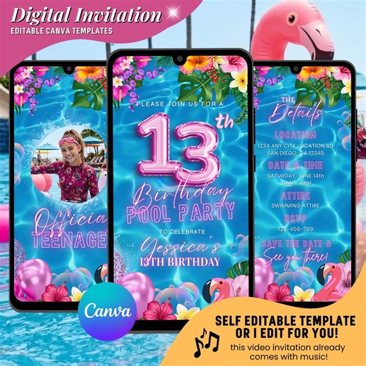 Pink 13th Birthday Pool Party Invitation, Summer Tropical Theme Editable Digital Invites : Instant Download