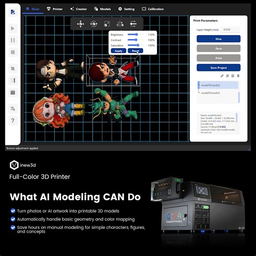 We get asked this a lot: Is AI modeling actually useful — or just a demo trick? The honest answer 👇 AI can: ✅ Turn photos or AI artwork into printable 3D models ✅ Handle basic geometry color automatically ✅ Save hours for simple characters and concepts AI can’t (yet): ❌ Replace pro sculpting for ultra-complex designs ❌ Fix every detail without adjustment That’s why inew3d QC2A combines AI with one-click slicing: 💡Auto water-soluble supports 💡Auto batch layout 💡Print-ready in minutes No hype.