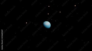 High above the blue gas giant Neptune, one of the Outer Planets, seen with it's many orbiting moons