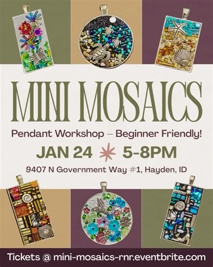 Roots & Ribbon Co. | Community Craft Events + DIY Kits 🧵🌿 on Instagram: "Mini Mosaics Pendant Workshop ✨ Skip the overwhelming resolutions and try something creative instead! Join me for a cozy, beginner-friendly evening of making mini mosaic pendants by hand. 🗓 January 24, 2026 ⏰ 5–8 PM 📍 Hope Education Consulting, Hayden, ID You’ll design and create a mosaic pendant using beads, glass, and crystal pieces, all set into a metal bezel and finished during the workshop. No experience needed and