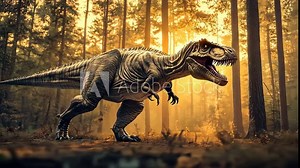 A ferocious T-Rex is seen roaming through a forest during the golden sunset hour, reflecting the dynamic and powerful nature of this prehistoric creature in a serene setting Video