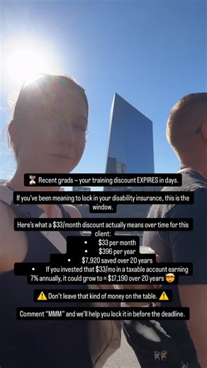 Michael Kittner | President, MMMDI on Instagram: "⏳ Recent grads — your resident discount EXPIRES in days. If you’ve been meaning to lock in your disability insurance, this is the window. Here’s what a $33/month discount actually means over time for this client: • $33 per month • $396 per year • $7,920 saved over 20 years • If you invested that $33/mo in a taxable account earning 7% annually, it could grow to ≈ $17,190 over 20 years 🤯 ⚠️ Don’t leave that kind of money on the table. ⚠️ Comment “