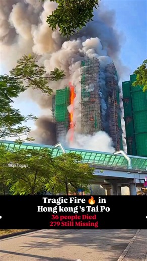 Mimi Verma on Instagram: "A massive blaze ripped through the Wang Fuk Court residential estate in Tai Po, Hong Kong on Wednesday, 26 November 2025. The fire broke out around 2:51 pm, quickly escalated to a No 4 alarm and eventually hit the highest severity level — No 5 alarm. Bamboo scaffolding surrounding the eight 31‑storey blocks caught fire, letting flames spread across at least seven of the buildings and generating thick black smoke. So far the tragedy has left *36 people dead*, including a