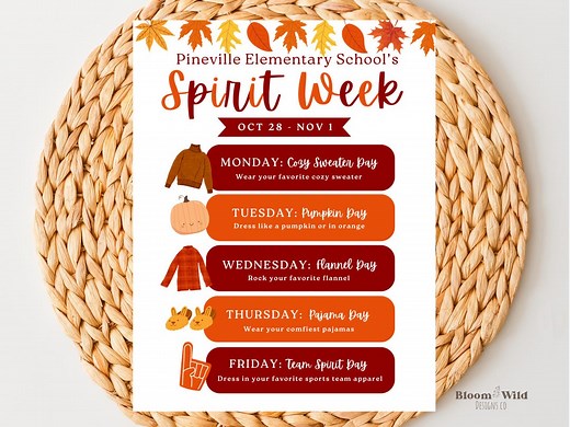Fall Spirit Week Template Canva, Spirit Week Poster, Spirit Week Flyer, School Spirit Week Flyer, School Spirit Week Itinerary - Etsy