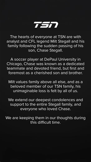 Our hearts are with CFL Legend and TSN analyst Milt Stegall after the passing of his son, Chase | TSN
