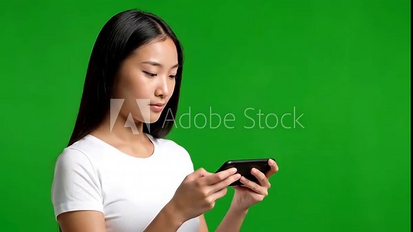 Green Screen girl reading text message on her mobile phone over background chroma key 4k raw video footage slow motion 60 fps scene 4 with distortion, overlay, glitch, static noise, scan lines black