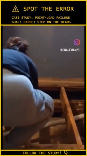 Human.Error.Study on Instagram: "ANALYSIS: Gyprock is a Ceiling, Not a Sidewalk. ⚠️ Video Credit: Viral / @cnleman28 Case File: 274-CEILING-PLUMMET Subject: Residential Renovation Status: Concussive Impact Trauma / Structural Failure The Tactical Analysis: The Structural Miscalculation: At 0:04, the subject attempts to navigate an exposed floor. Instead of maintaining three points of contact on the wooden joists (the only load-bearing elements), she places her full weight on the gyprock between
