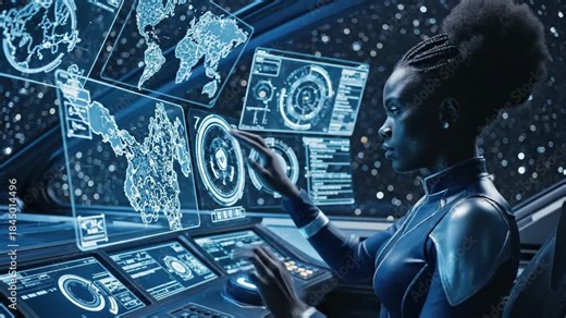 Futuristic Space Command Center - A focused individual operates a high-tech command console in a futuristic spacecraft, surrounded by holographic displays of various maps and data.