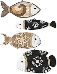 Putuo Decor Rustic Beach Wooden Fish Wall Decor Set of 4 Beach Nautical Wall Art Fish Plaques for Coastal Home Design, Living Room, Bathroom Wall Art
