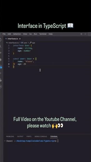 Interface in TypeScript. Go and watch full video on Channel🙌♥️ #javascript #typescript #webdev