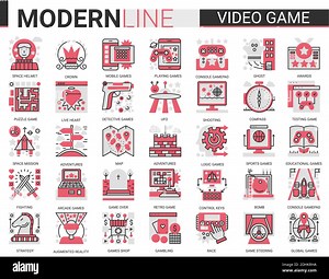 Video game red black complex flat line icon vector illustration set with entertainment mobile app symbols collection, devices and gadgets for gamers, vr glasses for gaming in augmented reality Stock Vector Image & Art - Alamy