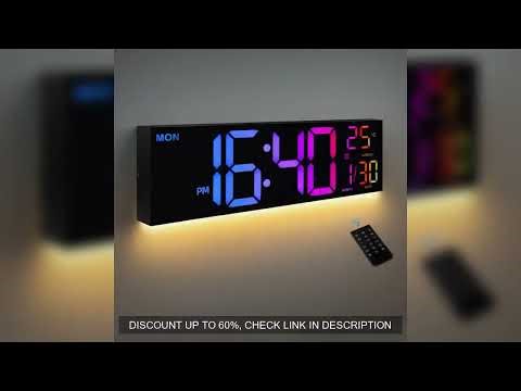 16" Large Digital Wall Clock, Big LED Display with Remote, 8 RGB Color, Alarm, DST, Temperature for