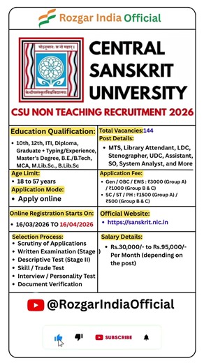 CSU Non Teaching Recruitment 2026 | New Vacancy 2026 | Rozgar India Official #shorts