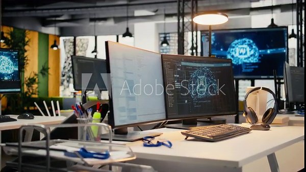 Empty startup office with artificial intelligence program running on PC monitors. Computers in AI industry startup workspace leveraging machine learning technology to enhance automation