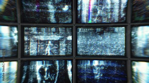 Wall of CCTV screens with scary distorted footage