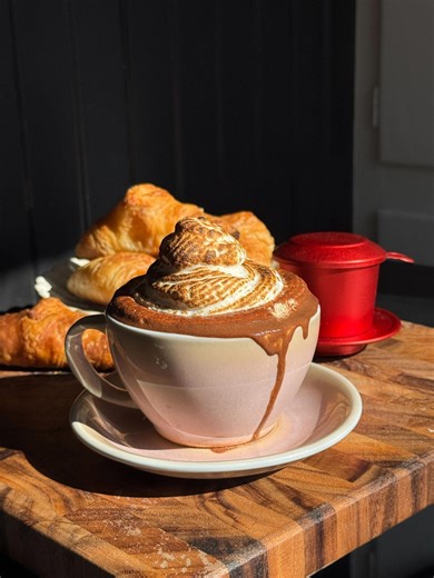 Tasty on Instagram: "Thick Vietnamese Hot Chocolate has the perfect amount of sweetness. Don't skip the toasted marshmallow on top! @groovyfoodiess serves this with flaky salt on top and fresh croissants to dip! Find the full recipe on Tasty.co or in bio 🍫"
