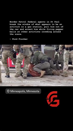 Border Patrol federal agents in St Paul break the window of what appears to be an activist in a gas station, pull him out of the car and arrest him while firing pepper balls at other activists crowding around the scene. | Marcæriel Bustos