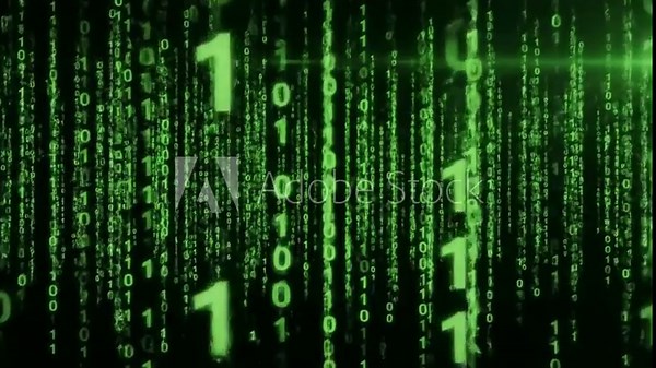 Falling green binary numbers (0s and 1s) glowing against a black background. Computer-generated code streams descend vertically in random patterns. Futuristic, Matrix-style digital animation. Seamless