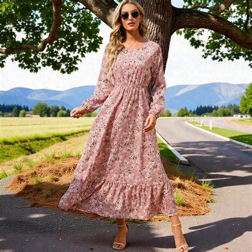 Women Summer Bohemian Maxi Dress Long Sleeve High Waist Floral Chiffon Beachwear - Etsy