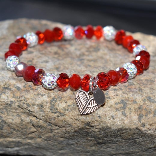 Red Crystal Angel Wing Bracelet, Stretch Beaded Bracelet, Pave Crystal Spacer, Faith Jewelry Gift for Her 7.5" - Etsy