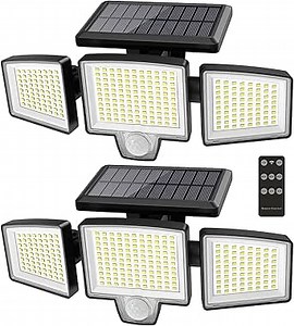 Solar Wall Security Flood Lights, 265 LED 2800LM with Motion Senor, Outdoor, Remote Control, 3 Lighting Modes, 3 Heads, 270° Wide , IP65 Waterproof , 2 Packs