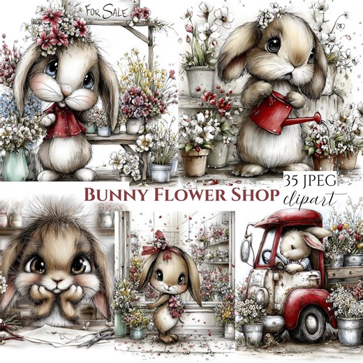 Bunny Florist Clipart, Spring Flower Shop Illustrations (35 JPG Images) - Etsy Ireland