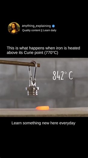 Explainer Zone on Instagram: "Iron (Fe) reaches its Curie temperature at about 770°C. This is the point where iron changes from being ferromagnetic to paramagnetic because heat breaks the alignment of its internal magnetic moments. Below this temperature (around 1043 K), the magnetic moments inside iron line up within regions called magnetic domains, giving it strong magnetism. But once it is heated above the Curie point, thermal motion disrupts this order and iron can no longer stay ferromagnet
