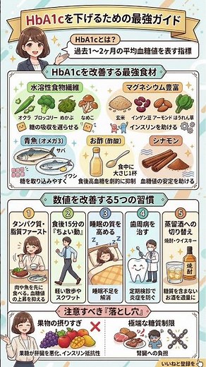 【血糖値ダウン】HbA1cを劇的に下げる「最強食材＆5つの習慣」｜糖質制限の前にやるべき数値改善の教科書！食後15分のちょい動とは？